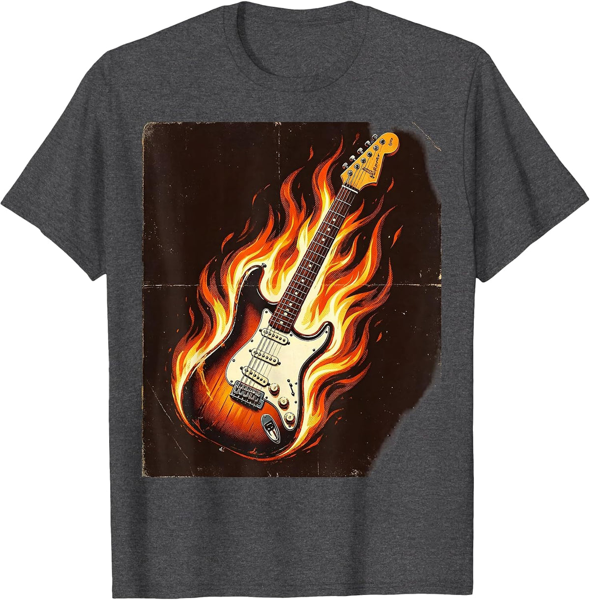 Flaming Electric Guitar 80s Rock Band Graphic T-Shirt - Dark Heather Grey
