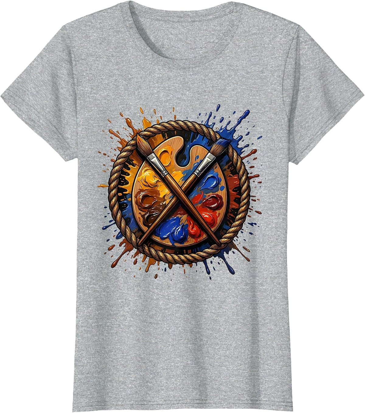 Art Teacher Paint Palette Crossed Brushes Graphic T-Shirt - Heather Grey