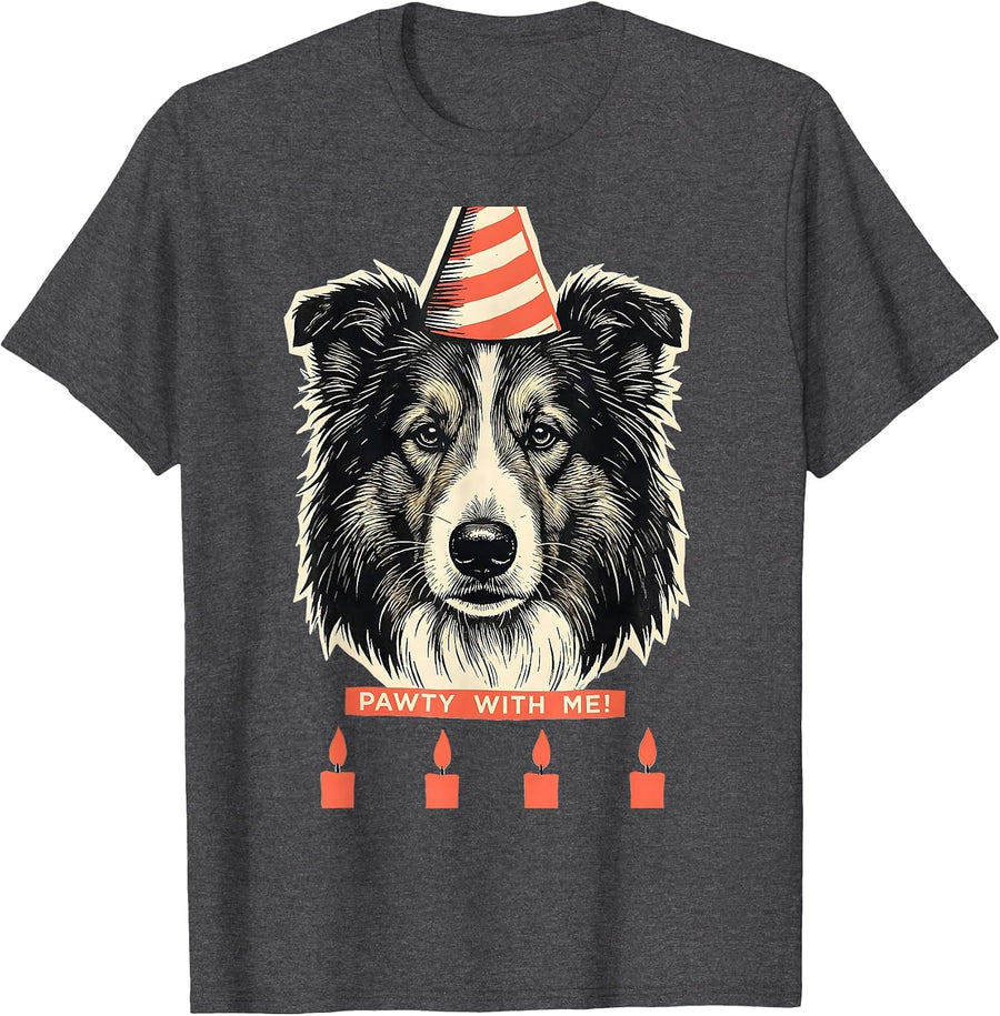 Men's Pawty With Me Linocut Dog-Themed Kids Birthday Party Pun T-Shirt - Dark Heather Grey
