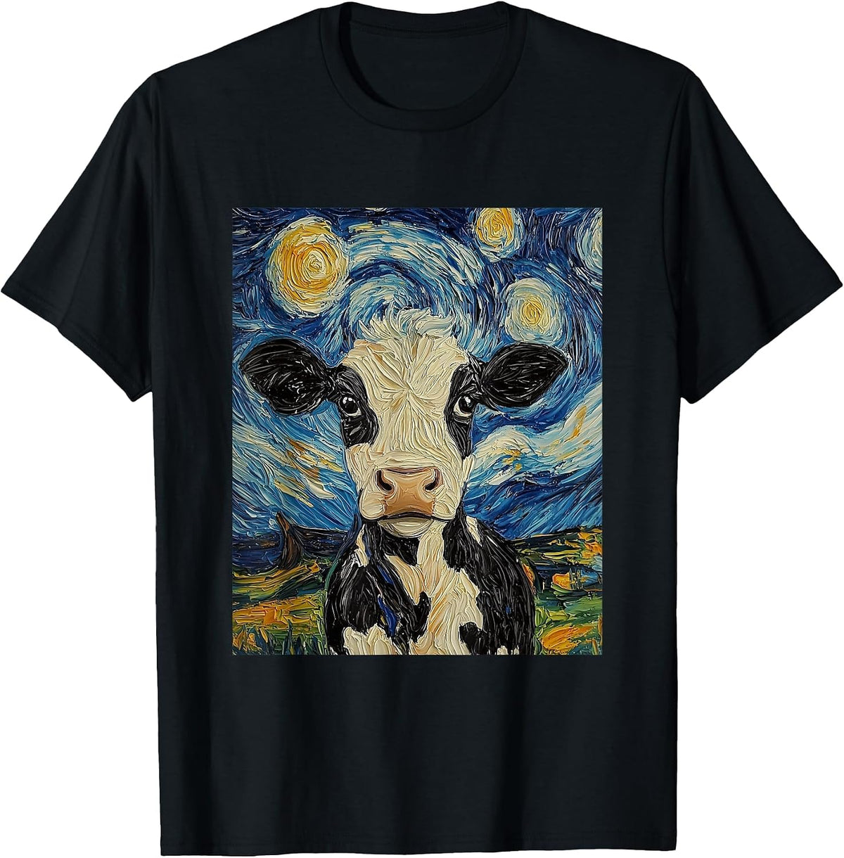 Cow Van Gogh Style Starry Night Funny Graphic T-Shirt - Black