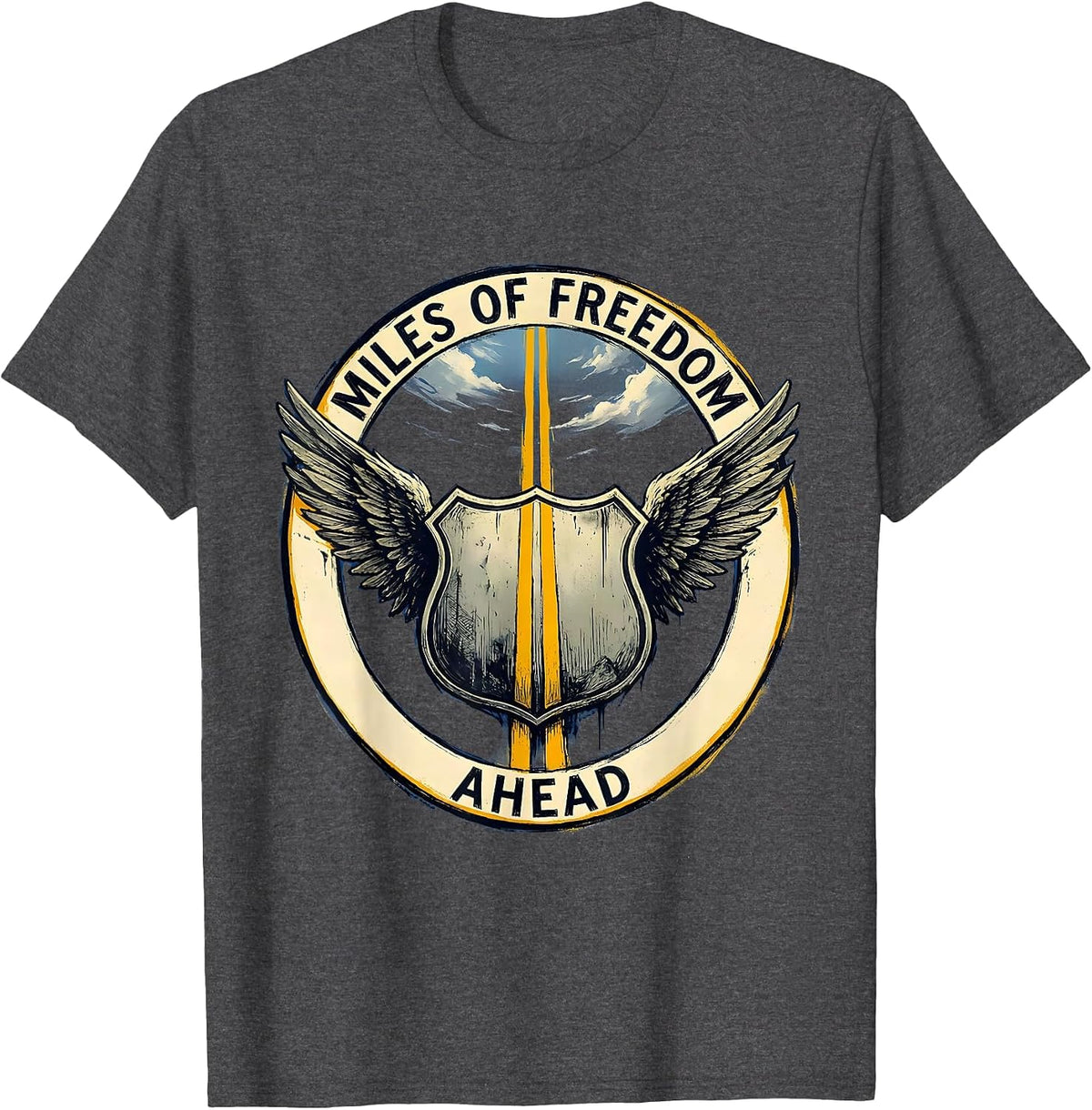 Route 66 Miles of Freedom Ahead Design T-Shirt - Dark Heather Grey