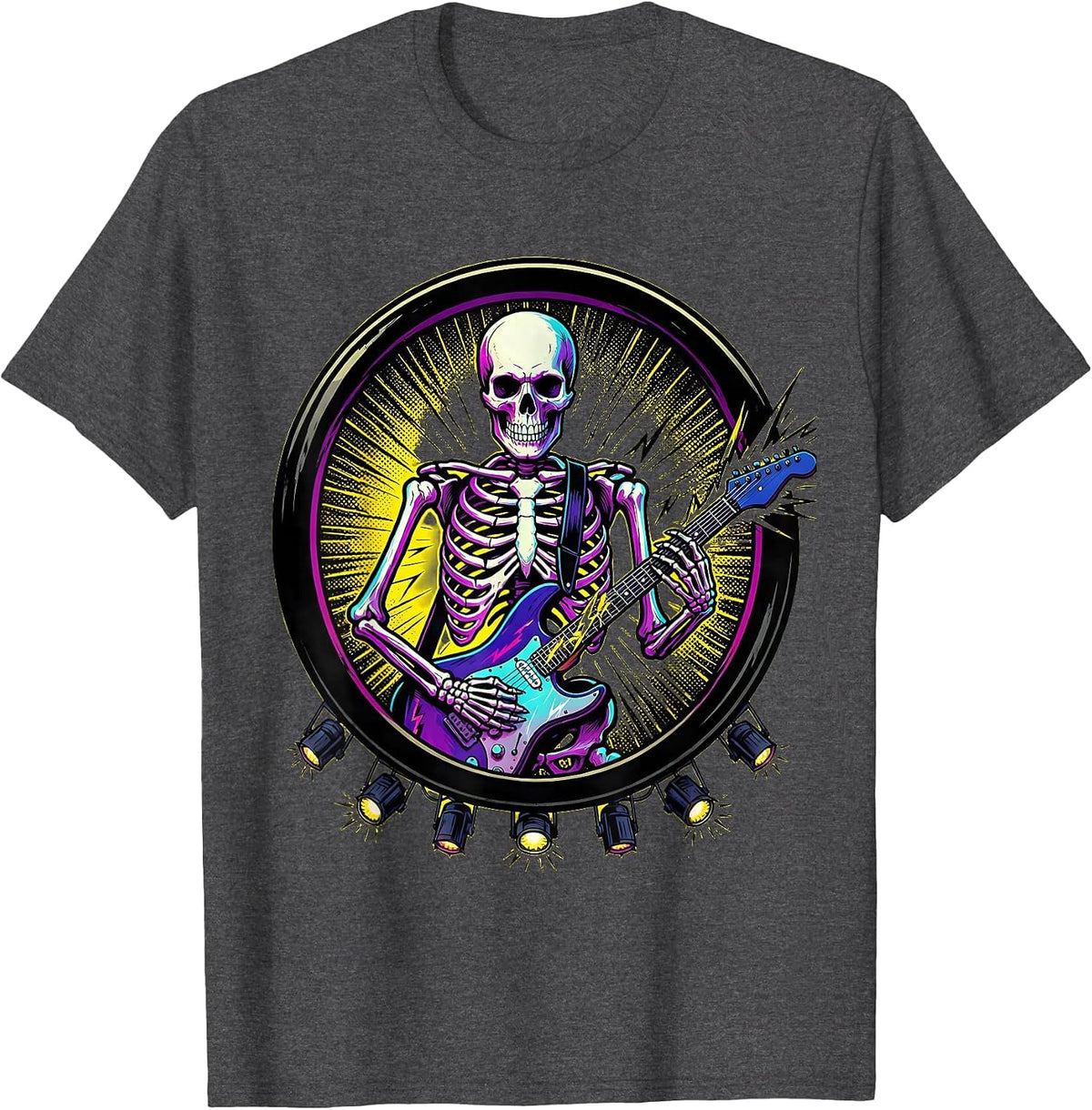 Skeleton Guitarist Rock Stage 80s Band Graphic T-Shirt - Dark Heather Grey