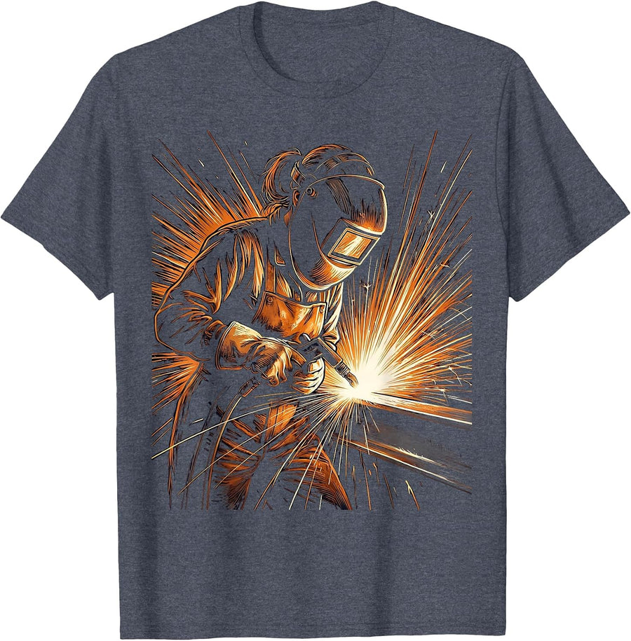 Do It Lady Welder Sparks Flying Illustration T-Shirt - Heather Blue