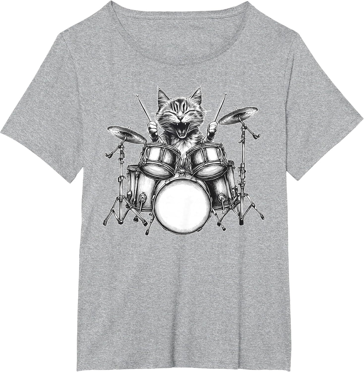 Cat Playing Drum Percussionist Drummer Rock & Roll Music T-Shirt - Heather Grey