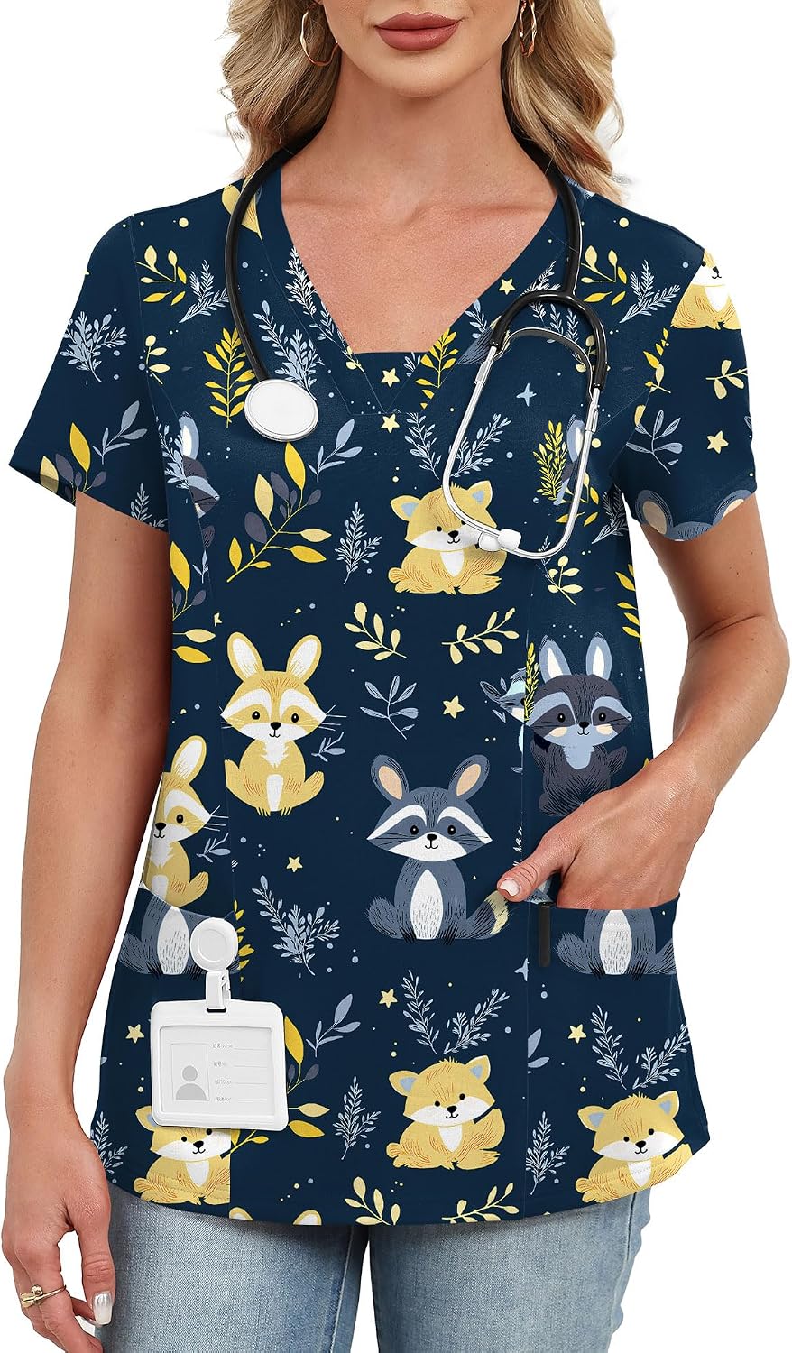 AKEWEI Scrubs for Women V Neck Scrub Tops Stretchy Nursing Uniforms Holiday Medical Shirts with 2 Pockets - Navy Blue Rabbit
