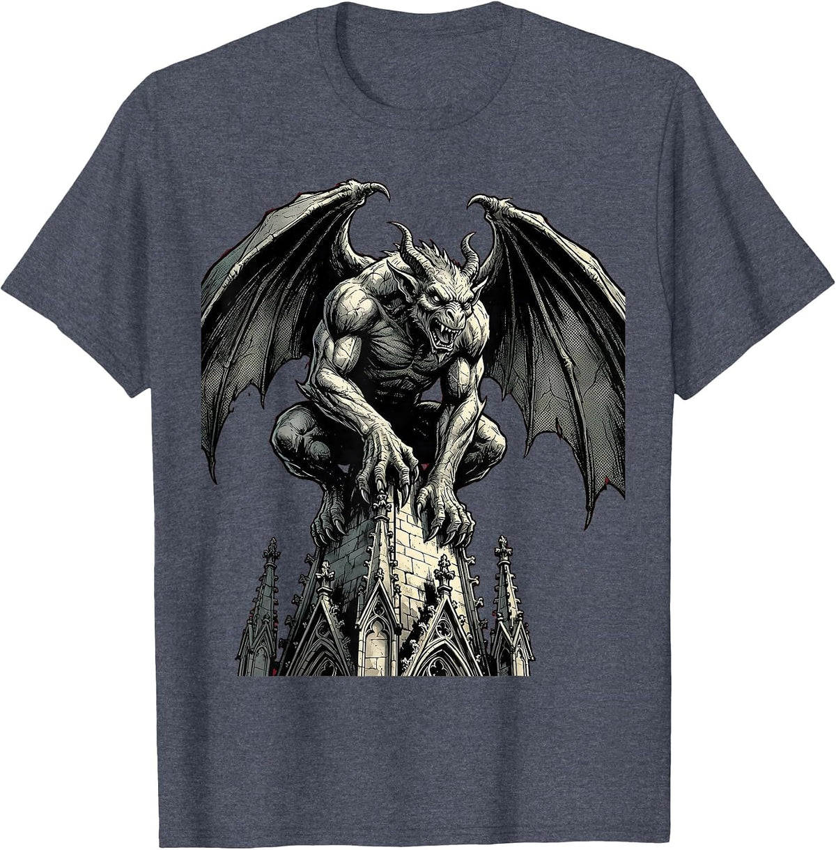 Gargoyle Gothic Cathedral Spire Heavy Metal Art T-Shirt - Heather Blue