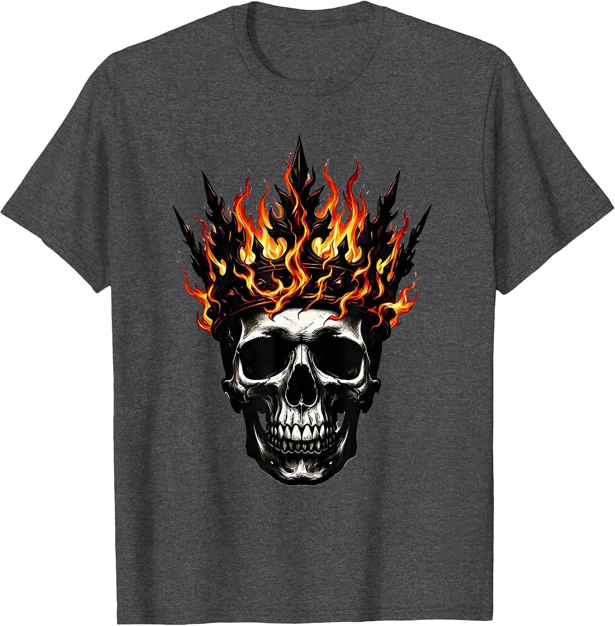 Skull With Burning Crown of Flames Graphic T-Shirt - Dark Heather Grey