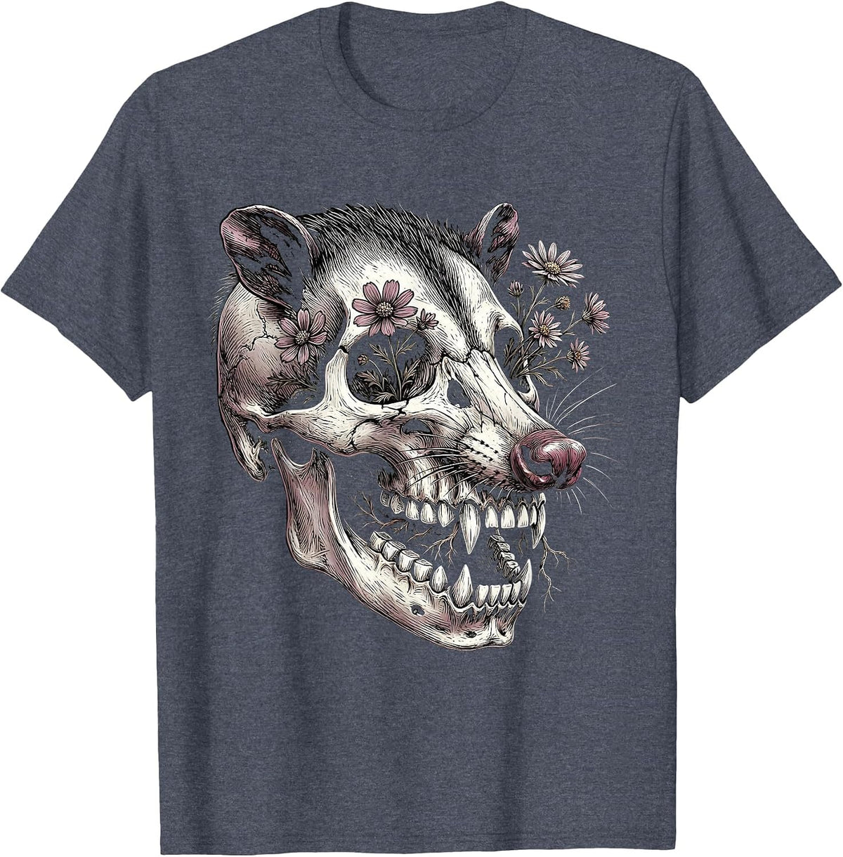 Opossum Skull Wildflowers Gothic Nature Art T-Shirt - Heather Blue