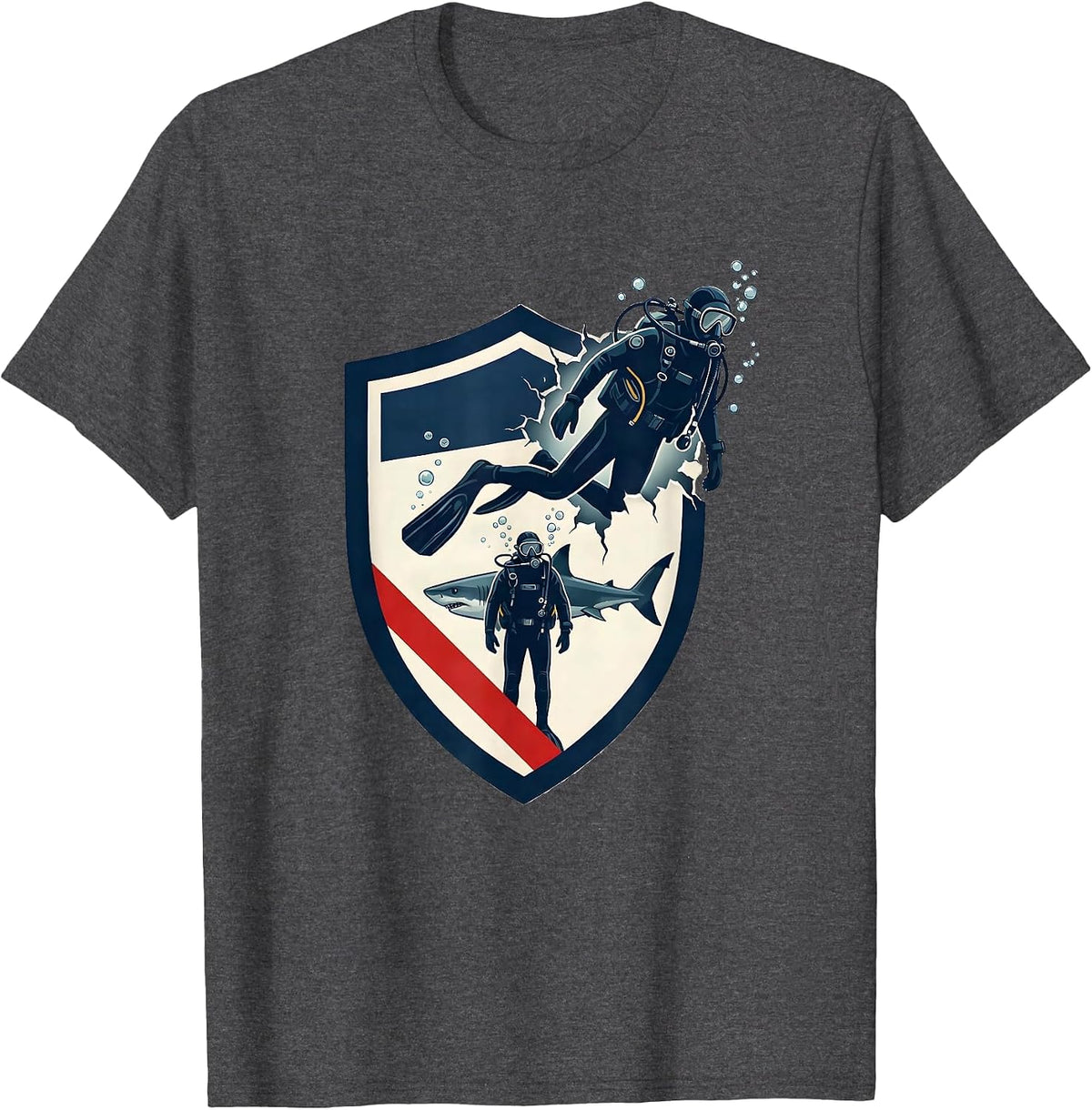 Men's Scuba Diver Shield Emblem Shark Dive Buddy Vintage Humor T-Shirt - Dark Heather Grey