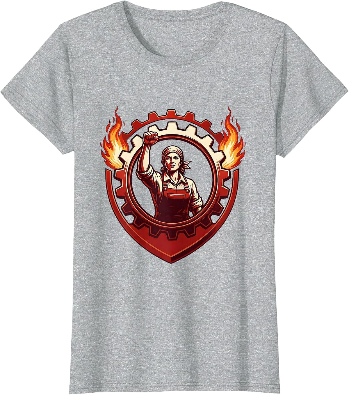 Rosie The Riveter Silhouette Gear and Flames T-Shirt - Heather Grey