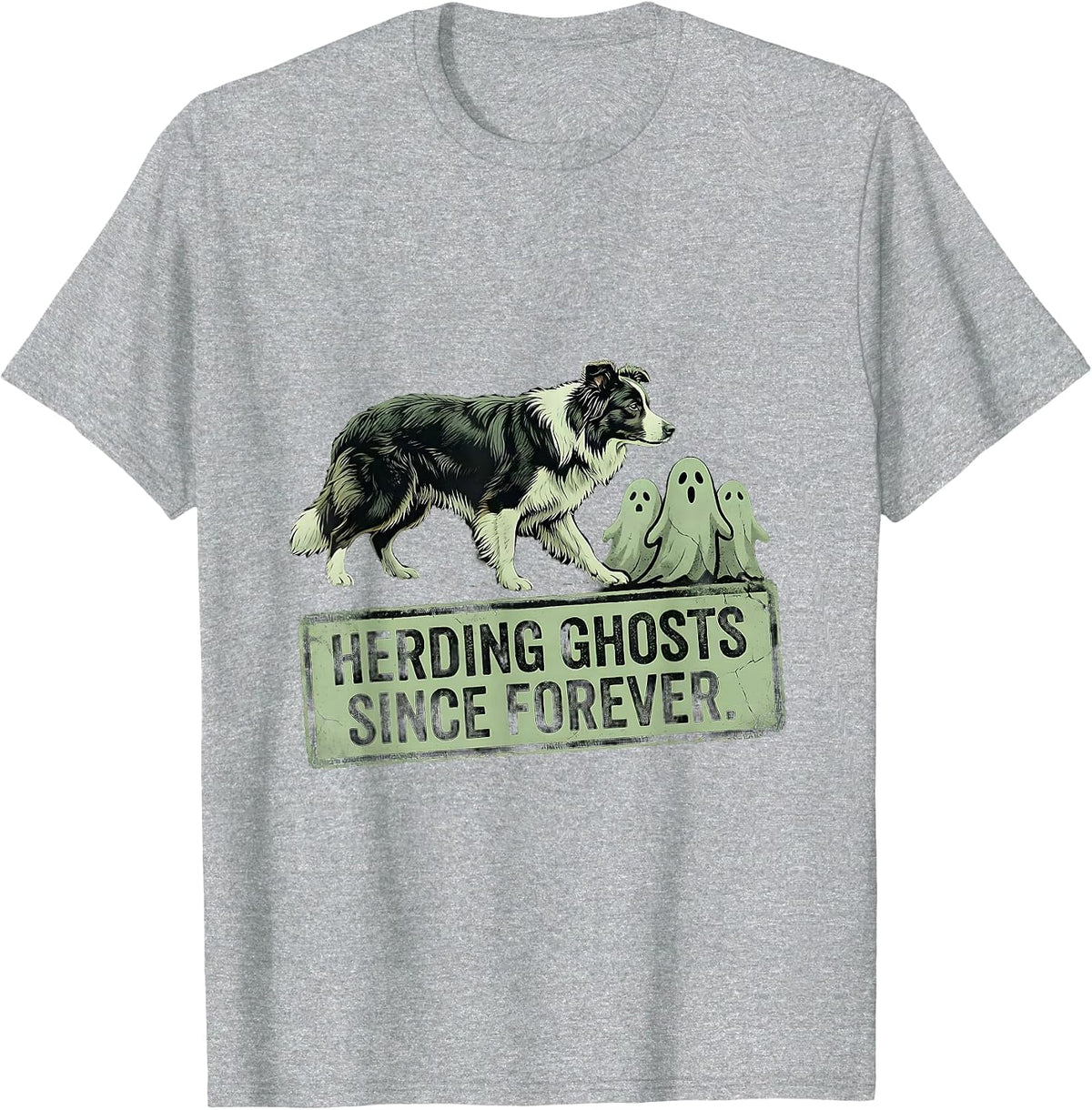 Men's Halloween Border Collie Herding Ghosts Design T-Shirt - Heather Grey
