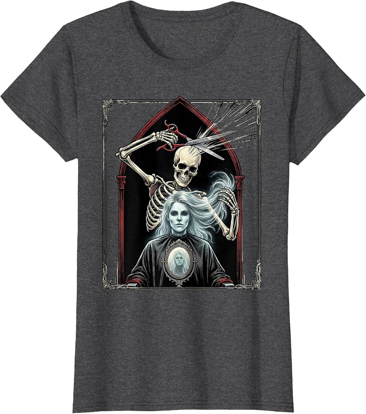 Women's Skeleton Hair Stylist Tarot Card Gothic Salon Comic T-Shirt - Dark Heather Grey