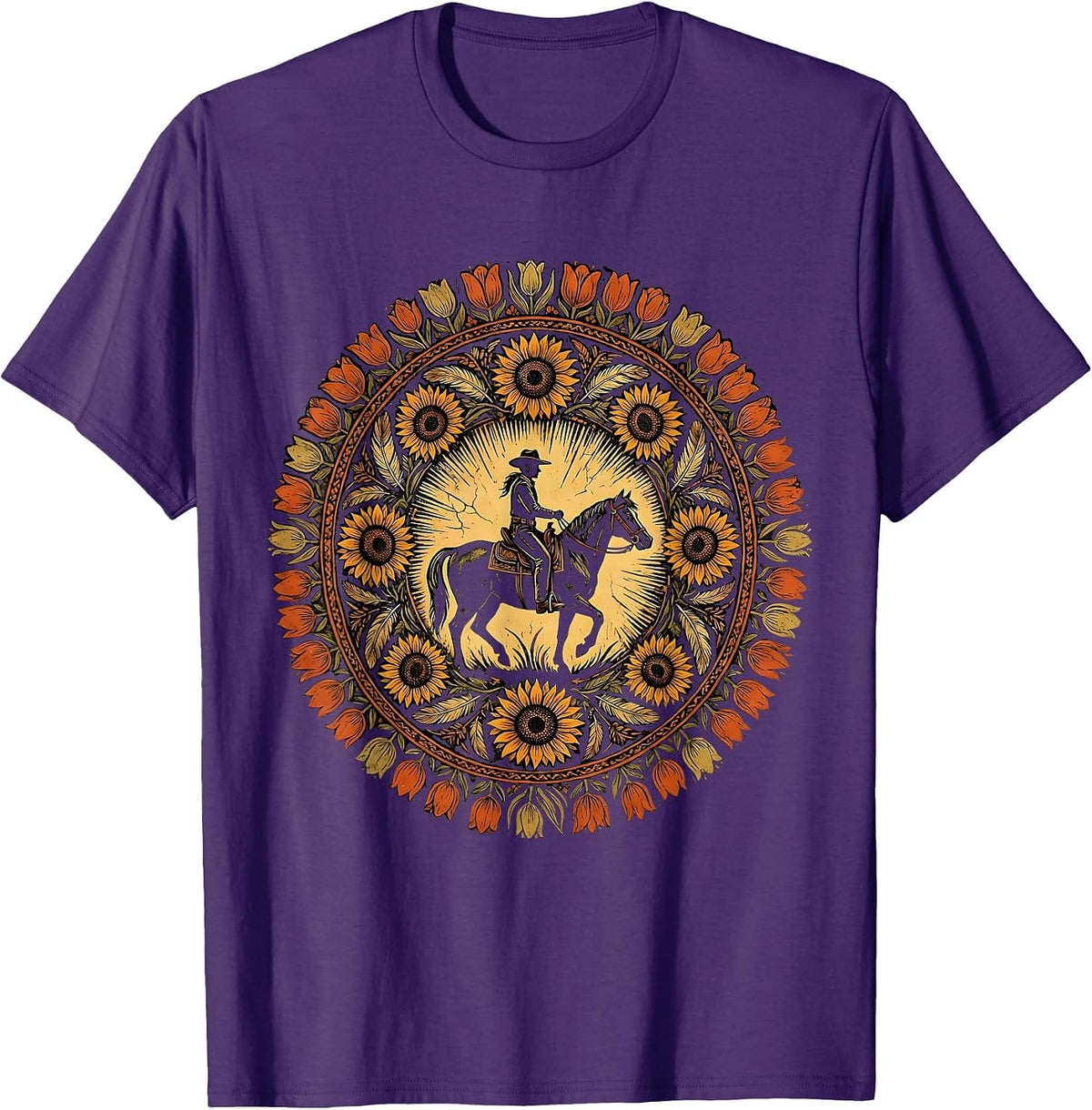Men's Cowgirl Silhouette Riding Horse at Sunset T-Shirt - Purple