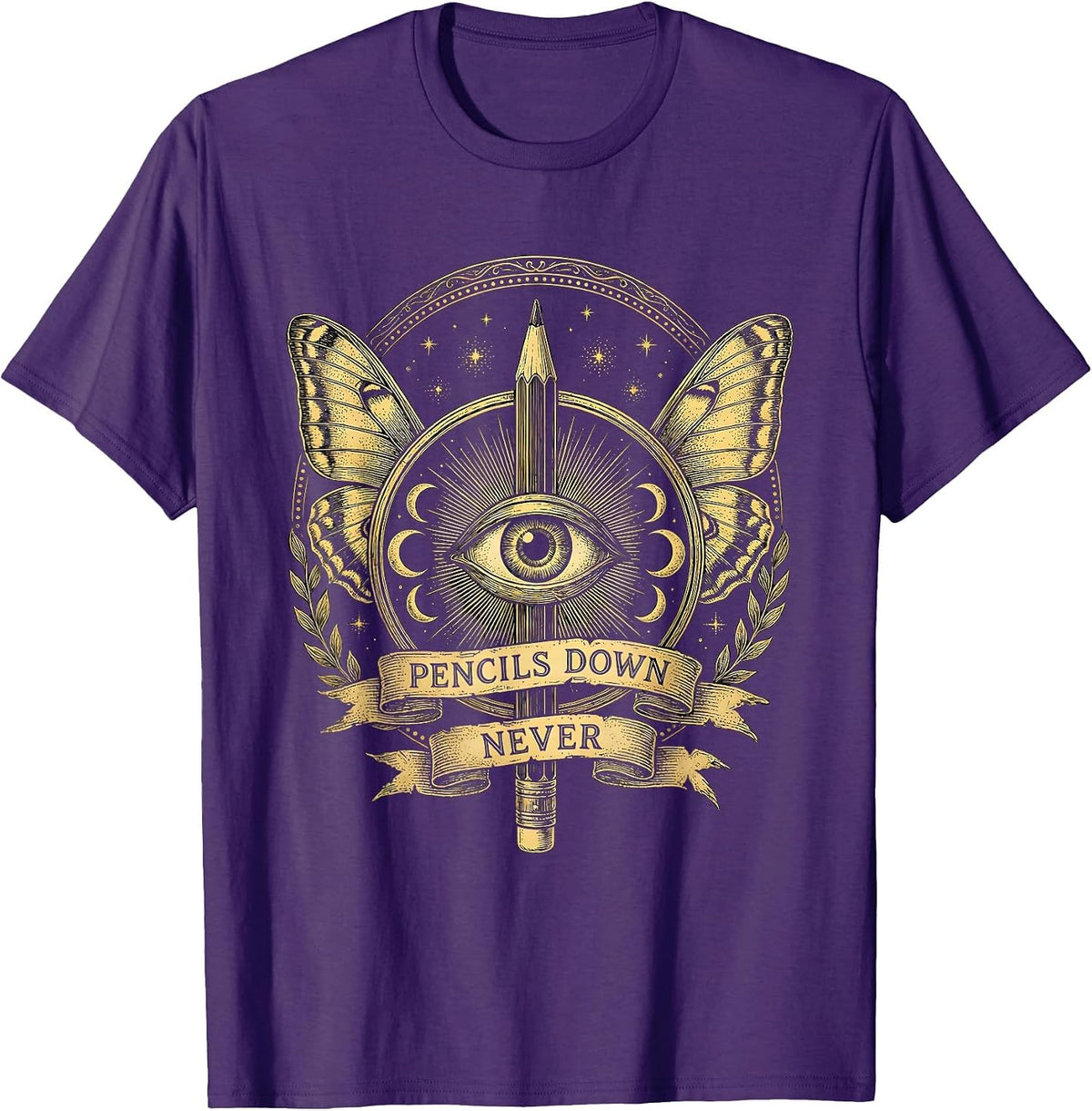 Pencils Down Never Art Teacher Graphic Design T-Shirt - Purple