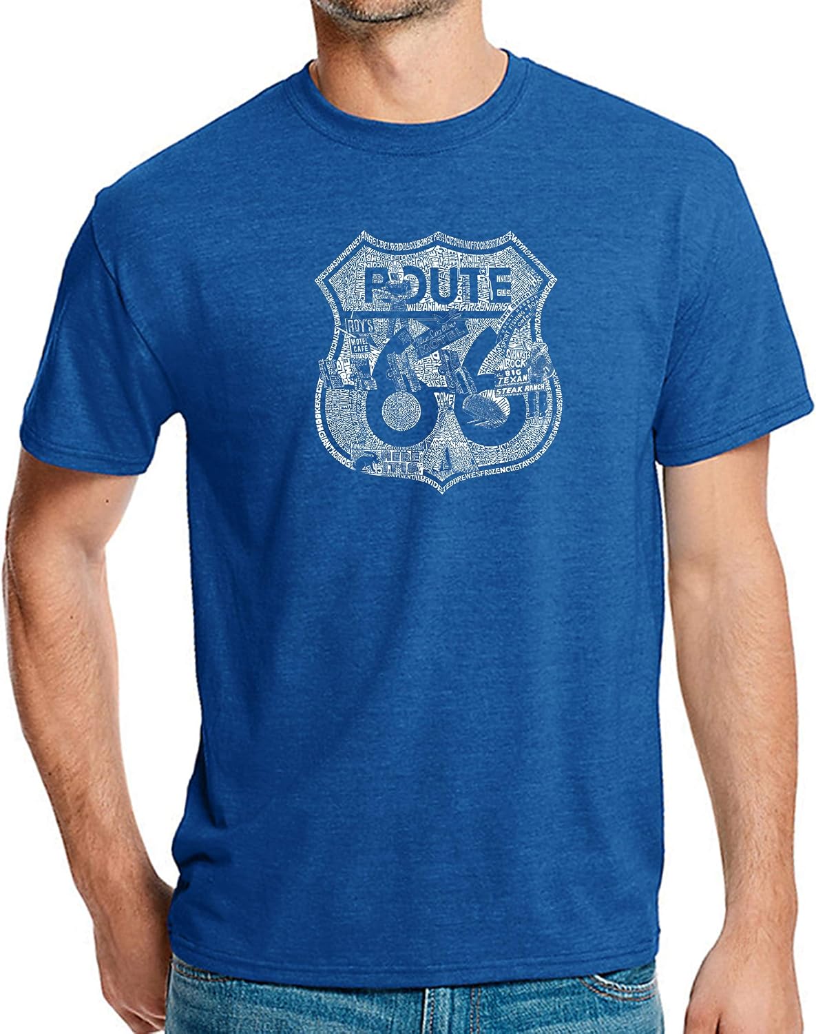 LA POP ART Men's Premium Blend Word Art T-Shirt - Stops Along Route 66 - Royal