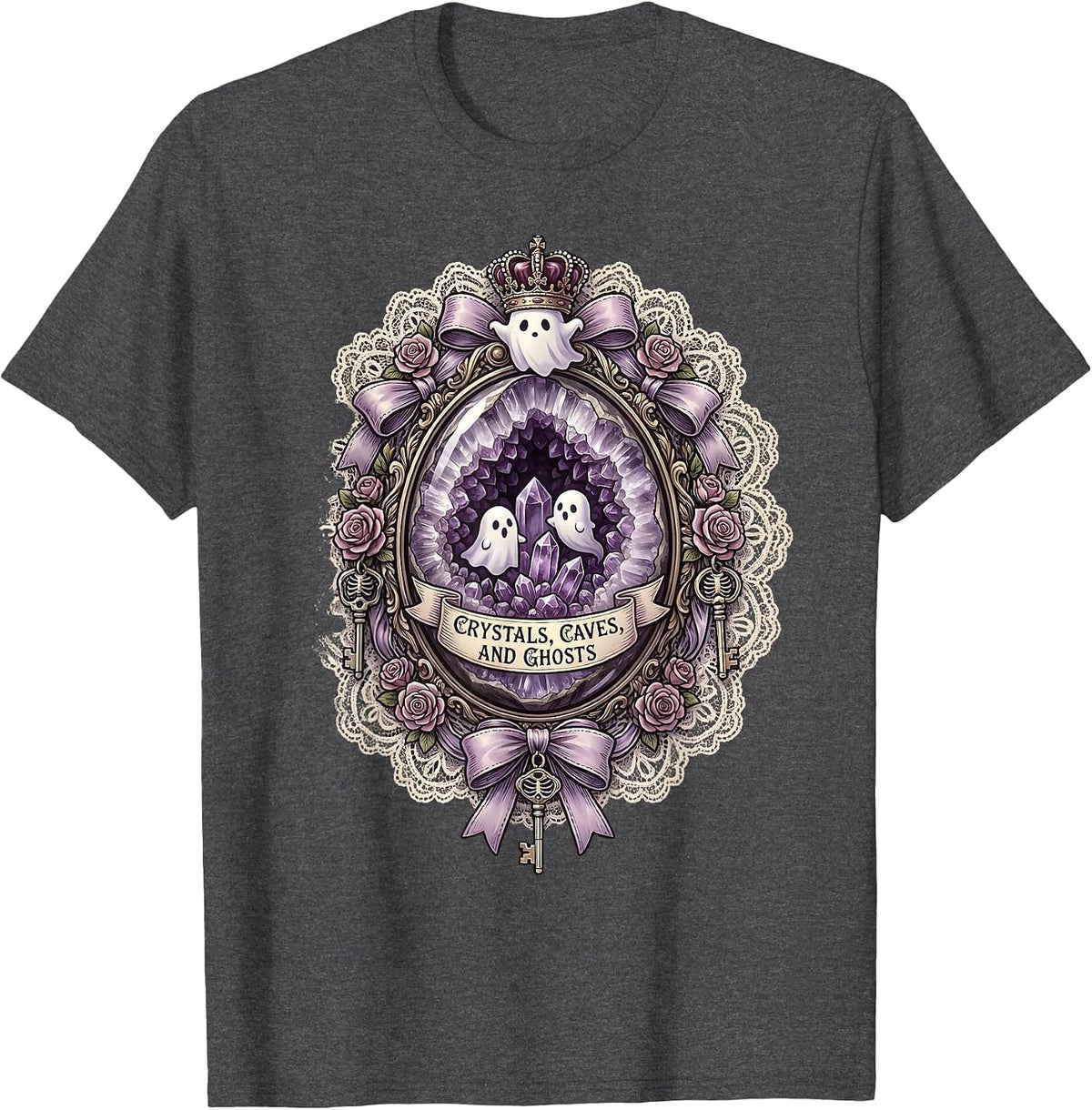 Halloween Ghost Cave Crystal Formation Design T-Shirt - Dark Heather Grey