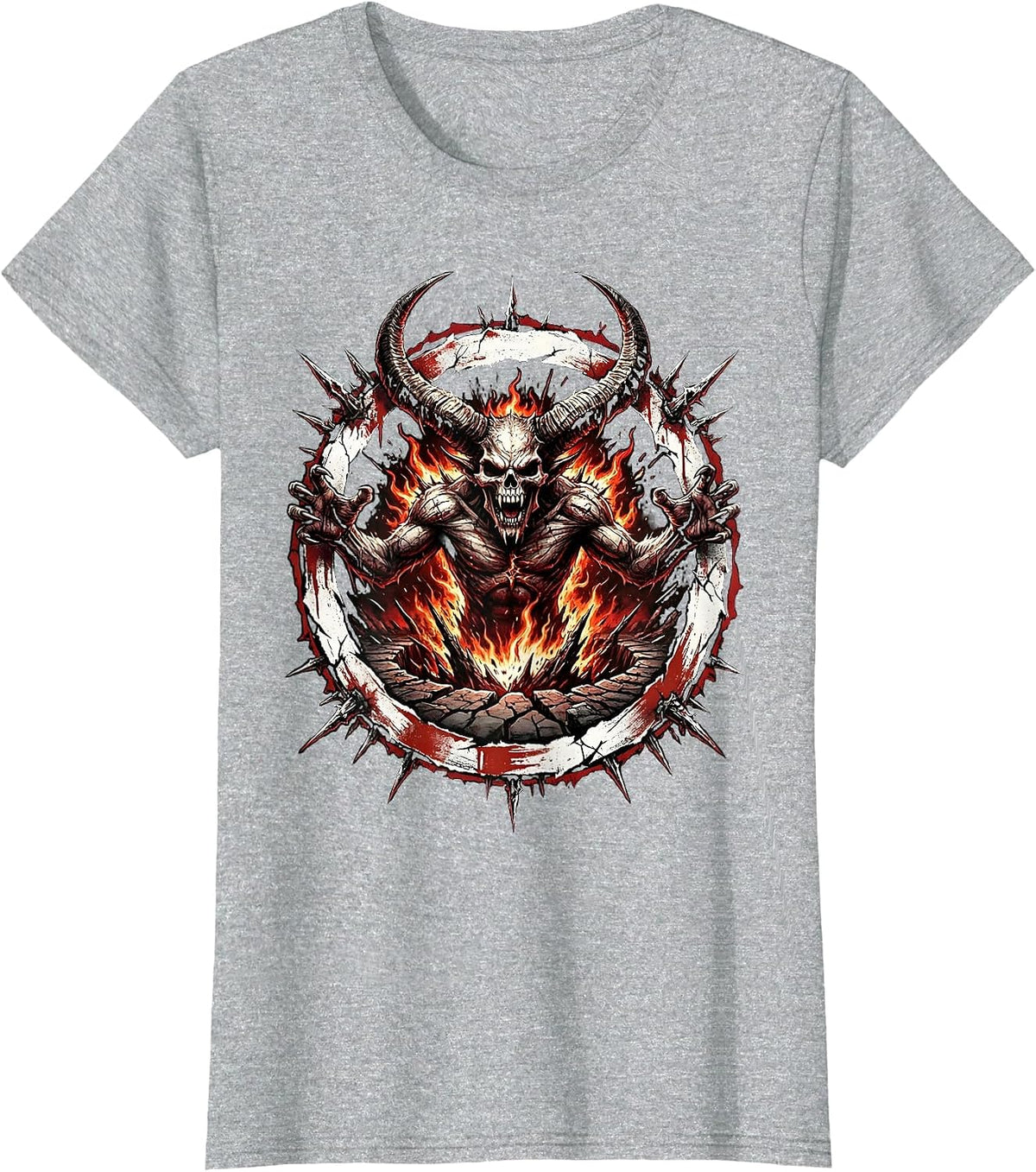 Horned Demon Rising From Fire Pit Halloween T-Shirt - Heather Grey