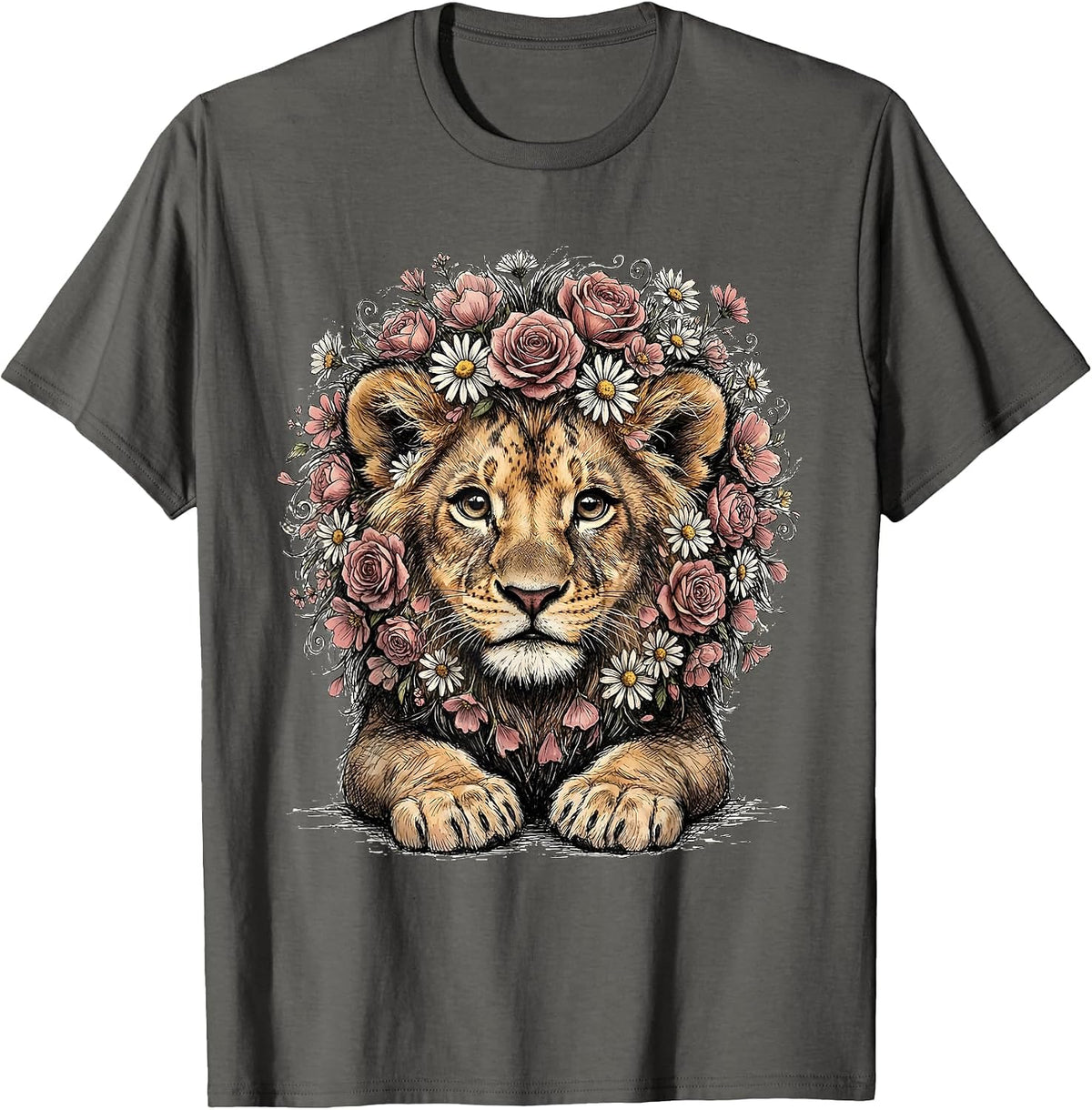 Men's Kids Brave Lion Pink Flower Mane Cancer Awareness T-Shirt - Asphalt Grey
