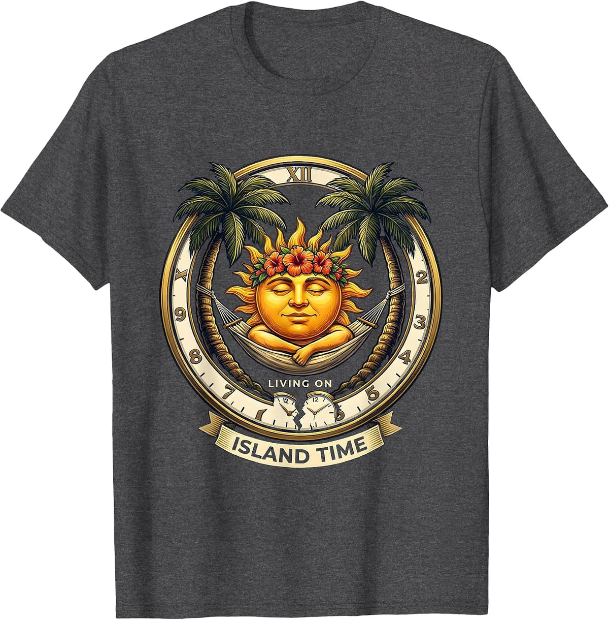Living On Island Time Funny Hawaiian Design T-Shirt - Dark Heather Grey