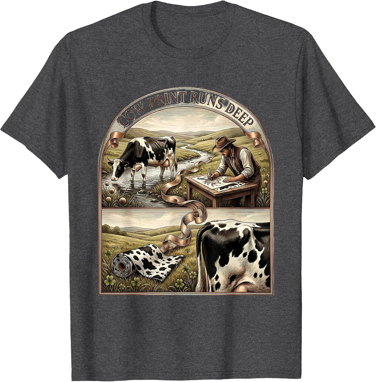 Men's Cow Print Runs Deep Cattle Lover Design T-Shirt - Dark Heather Grey