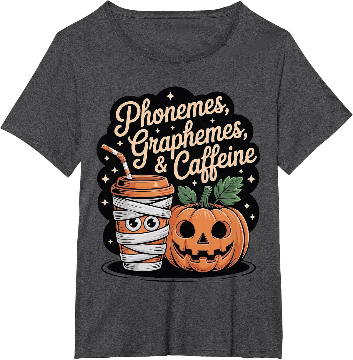 Halloween Teacher Phonemes Graphemes Caffeine Coffee Lover T-Shirt - Dark Heather Grey