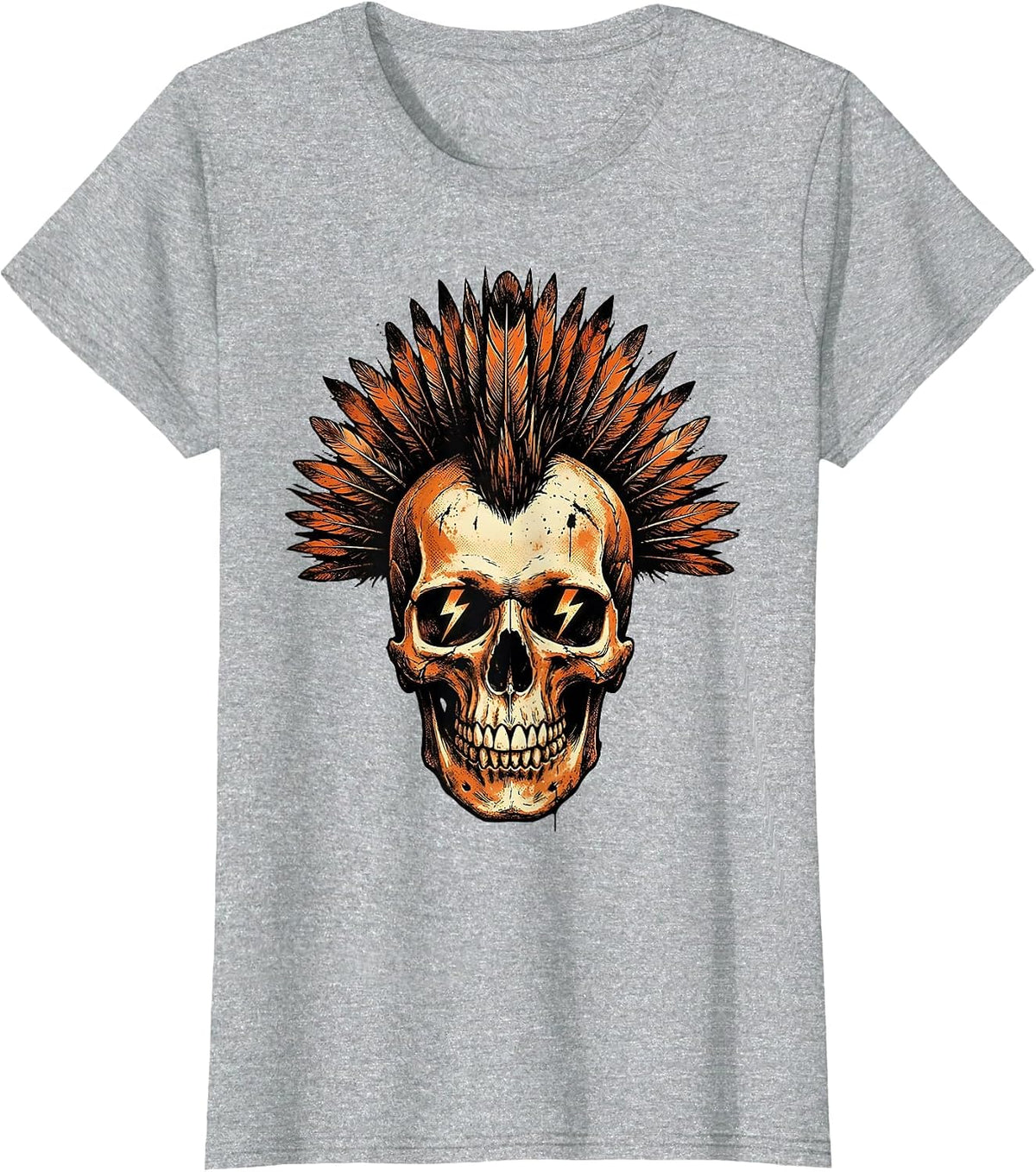 Skull Mohawk Lightning Bolt Eyes Rock Band Graphic T-Shirt - Heather Grey