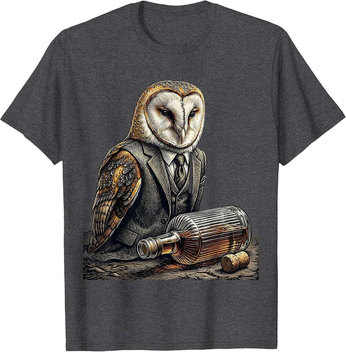 Whiskey Lover Sarcastic Owl in Suit Side-Eye T-Shirt - Dark Heather Grey