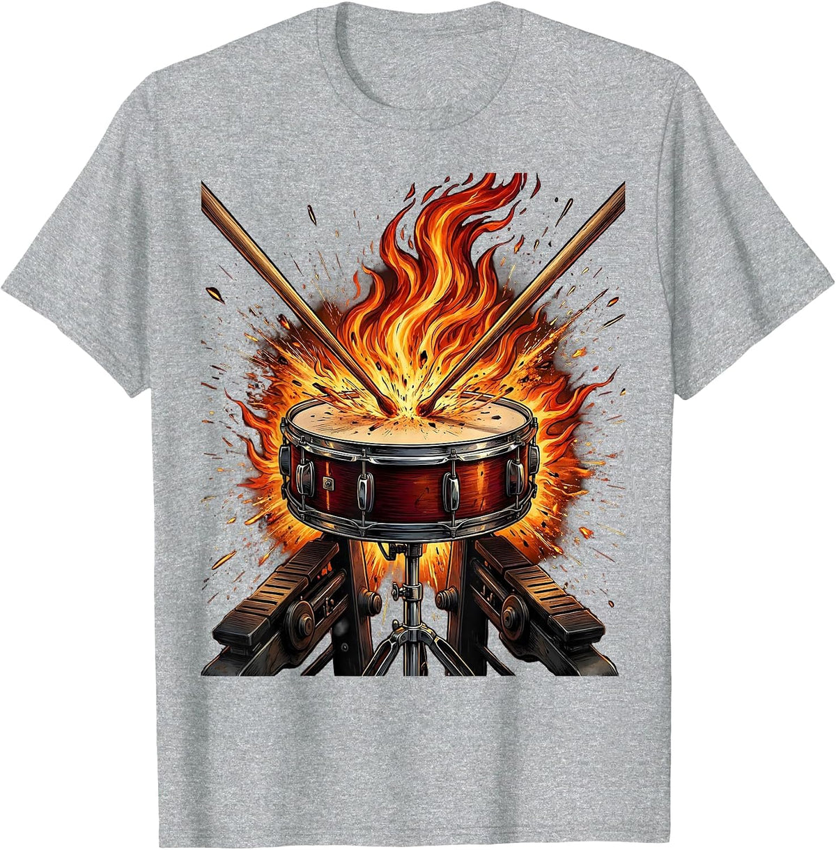 Men's Double Bass Drum Pedal Fire Splash Drummer Art T-Shirt - Heather Grey