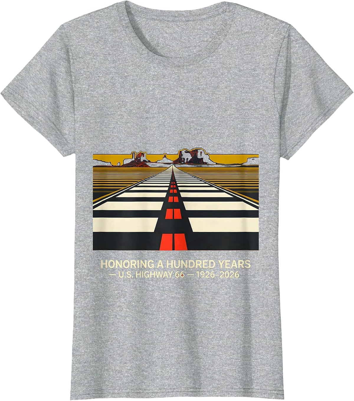 Honoring A Hundred Years — U.S. Highway 66 — 1926-2026 T-Shirt - Heather Grey