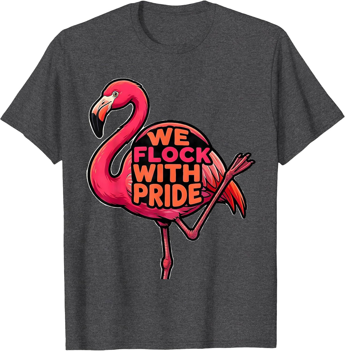 Men's We Flock With Pride Cartoon Flamingo Bird Lover Summer T-Shirt - Dark Heather Grey