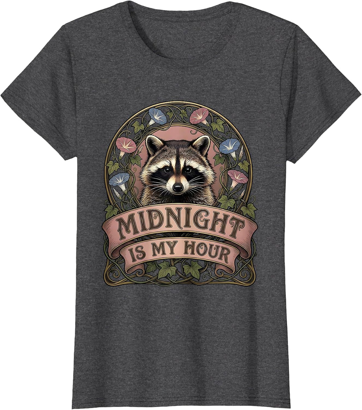 Women's Midnight Is My Hour Raccoon Night Owl Design T-Shirt - Dark Heather Grey