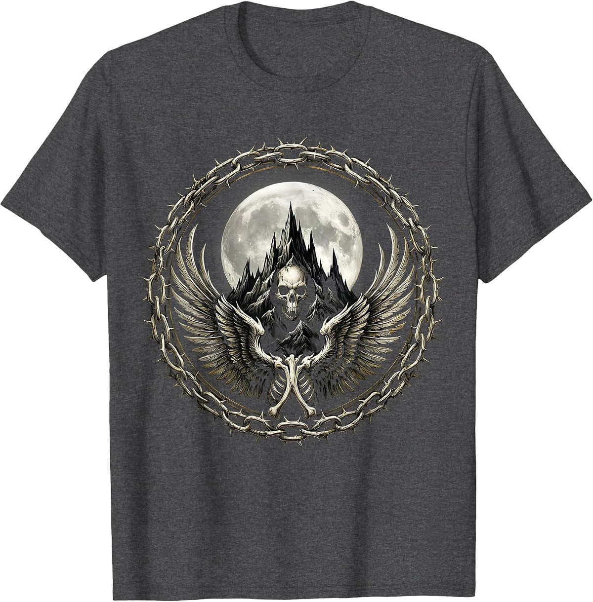 Full Moon Mountain Range Metal Band Graphic T-Shirt - Dark Heather Grey