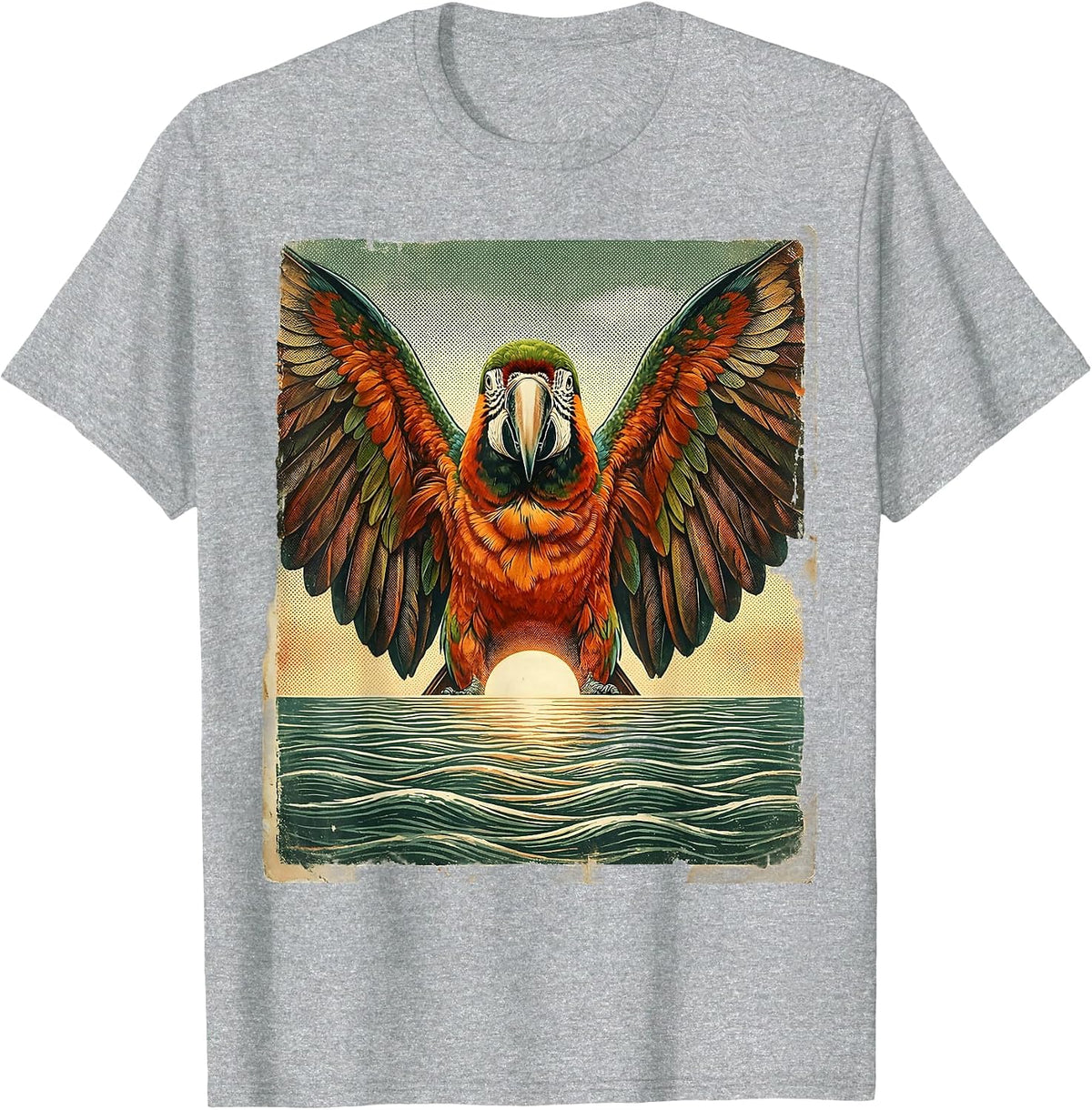 Men's Aloha Macaw Spreading Wings Over Ocean Horizon T-Shirt - Heather Grey