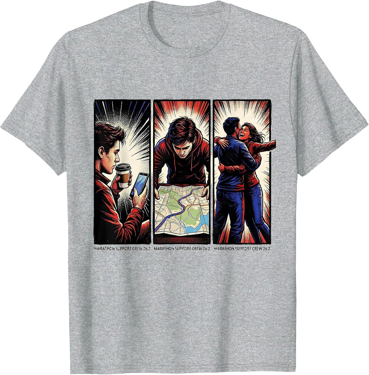 Men's Marathon Support Crew 26.2 Comic Book Runner Race Day Humor T-Shirt - Heather Grey