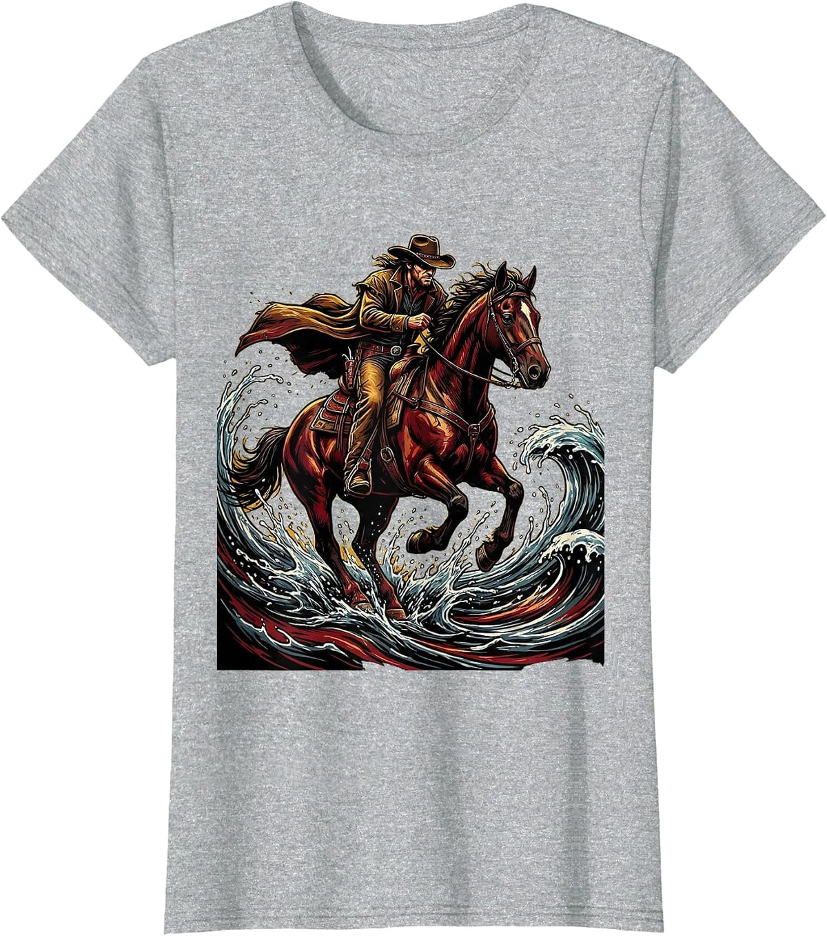 Cowboy Riding Hard Through River Splash T-Shirt - Heather Grey