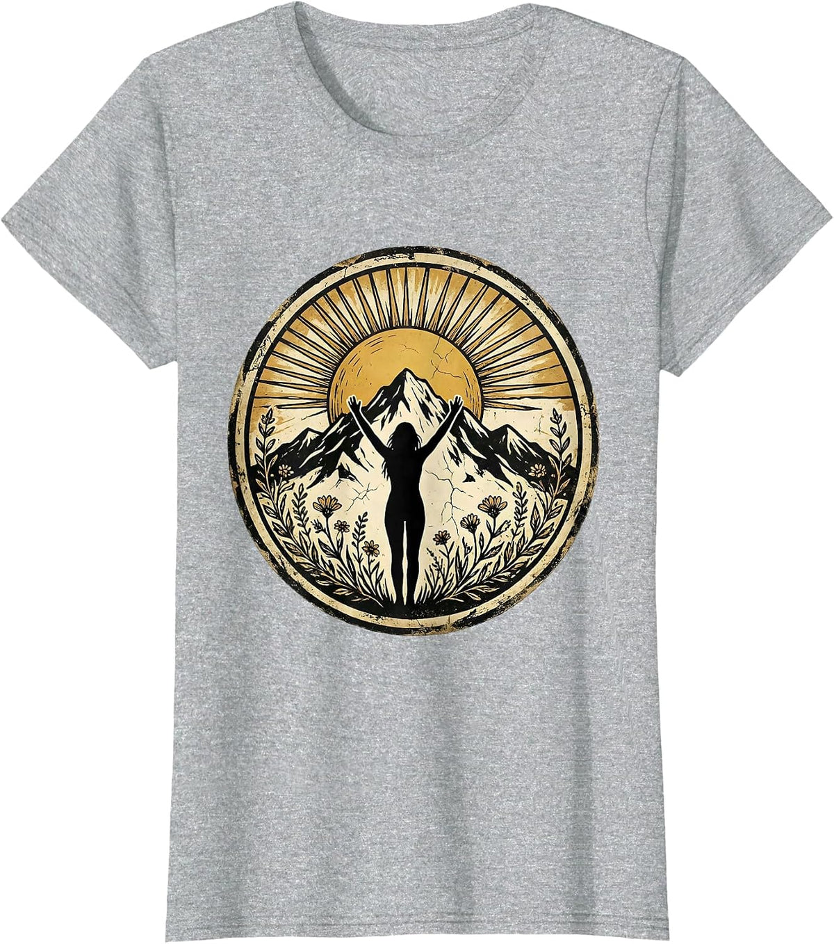 Women's Strong Woman Climbing Mountain Peak Sunrise Art T-Shirt - Heather Grey