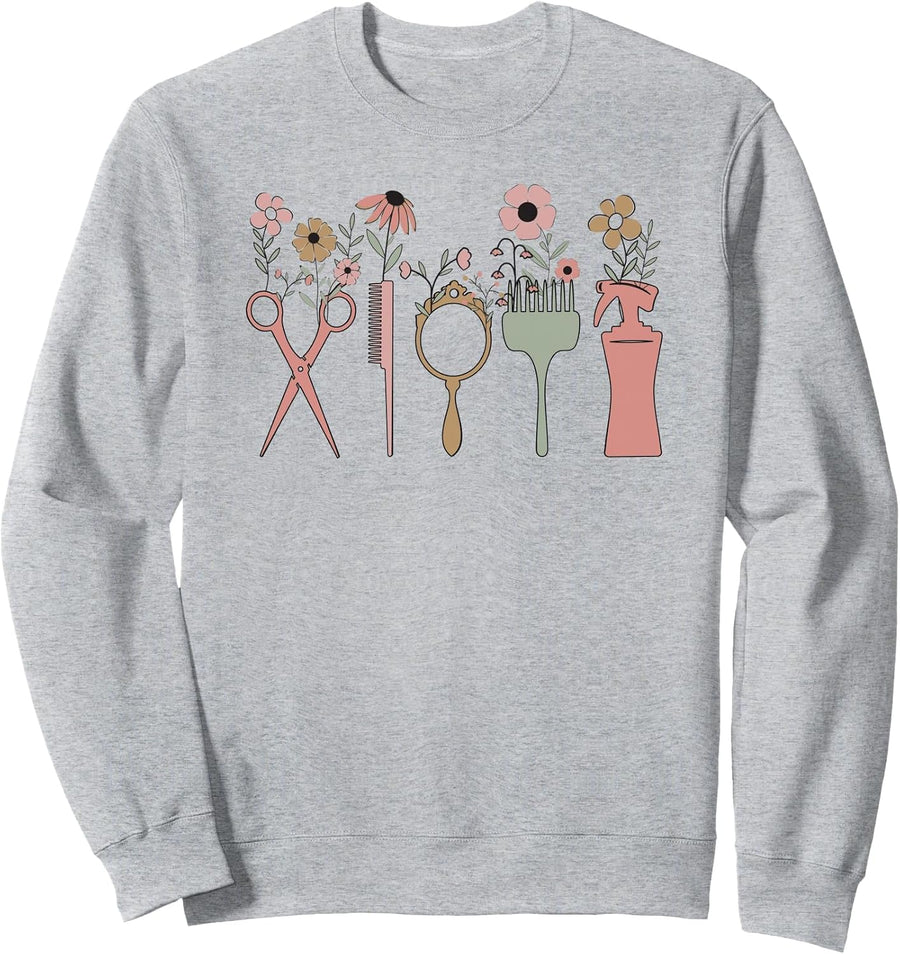 Hair Stylist Hairdresser Salon Men Women Groovy Retro Floral Sweatshirt - Adult Unisex Heather Grey