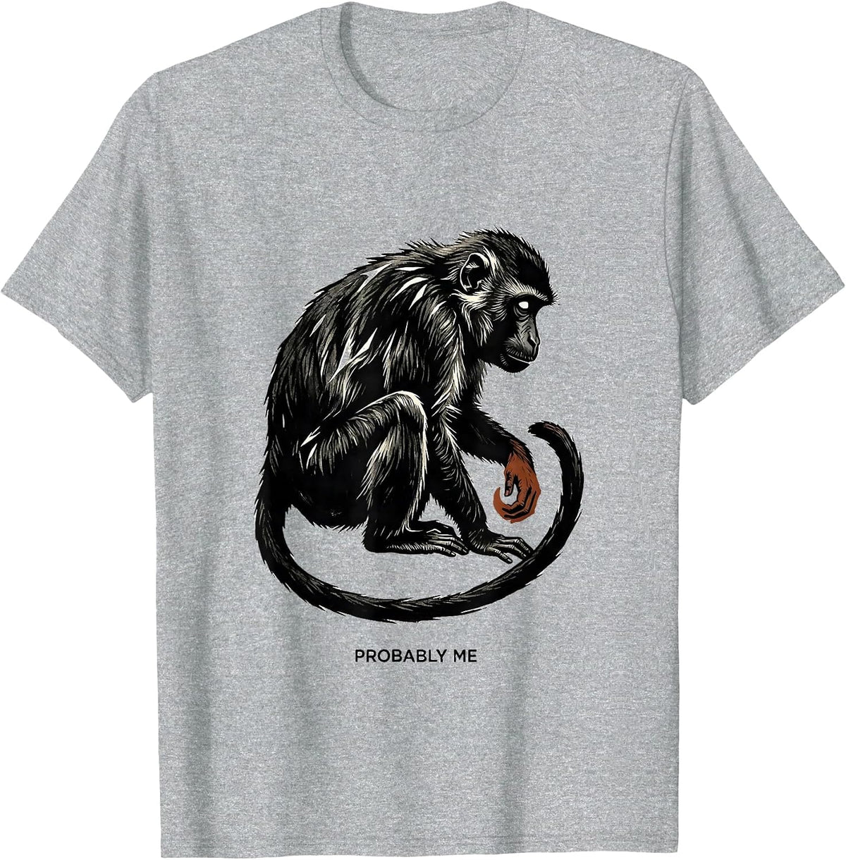 Men's Probably Me Funny Linocut Monkey Meme Absurd Humor T-Shirt - Heather Grey