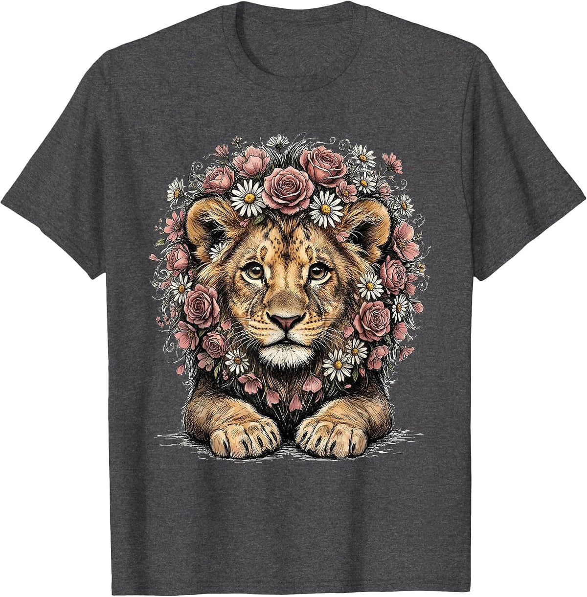Men's Kids Brave Lion Pink Flower Mane Cancer Awareness T-Shirt - Dark Heather Grey
