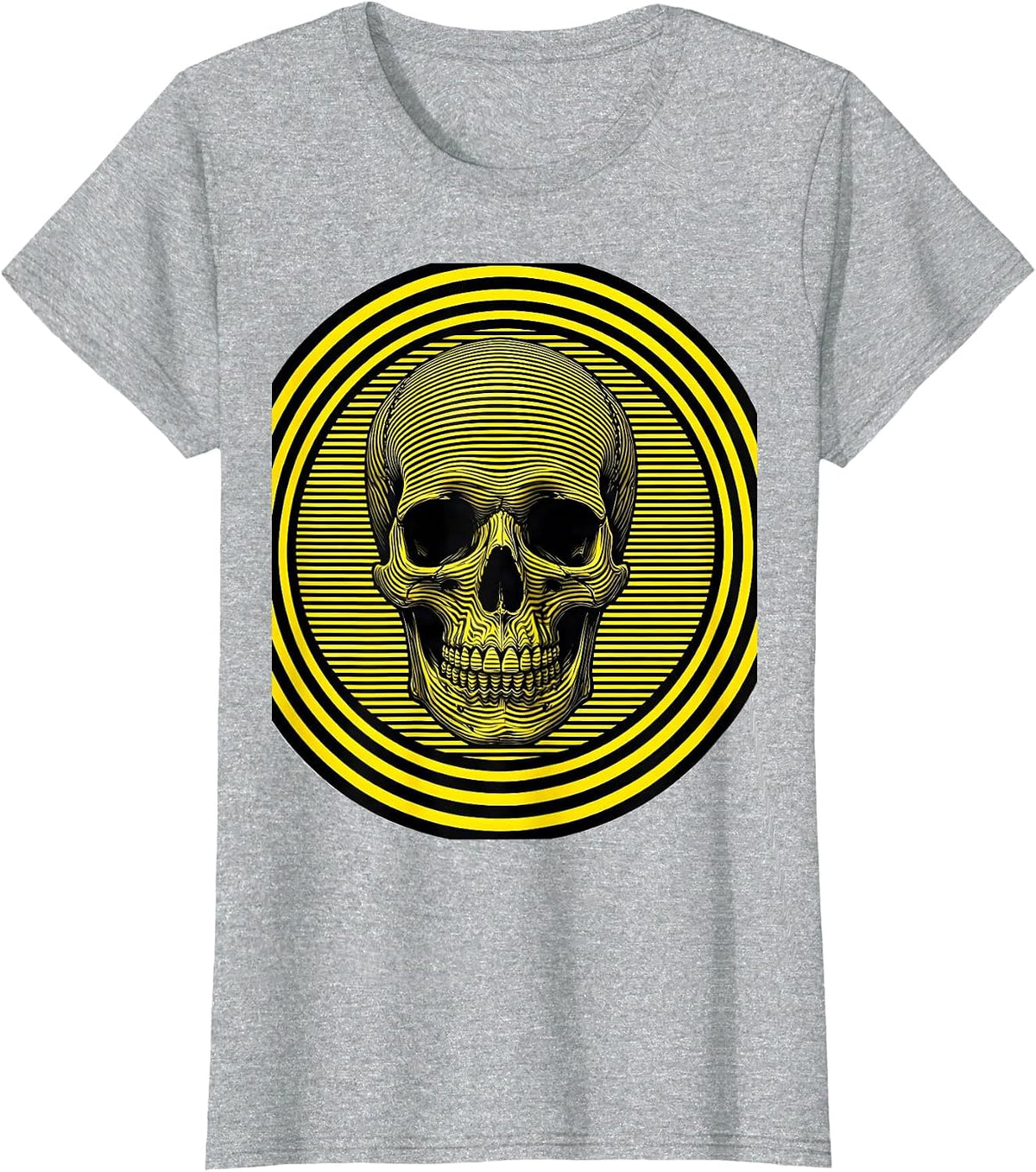 Black and Yellow Caution Skull Graphic T-Shirt - Heather Grey