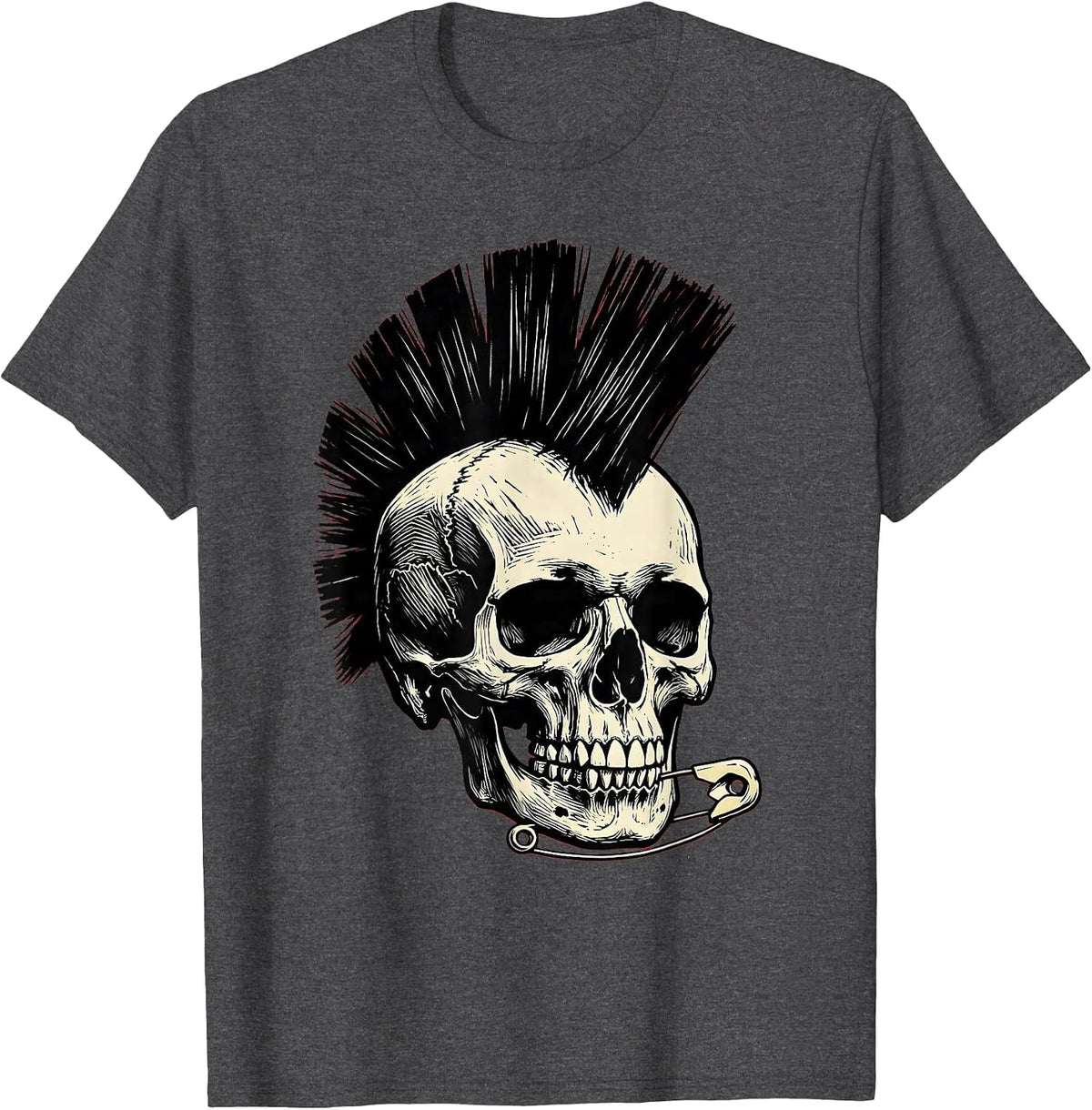 Punk Mohawk Skull Safety Pin Earring Design T-Shirt - Dark Heather Grey