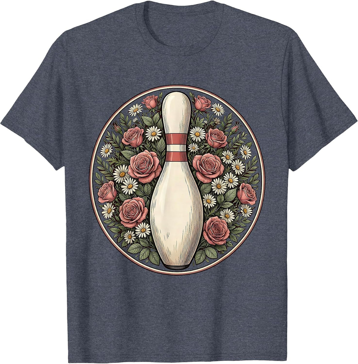 Floral Wreath Bowling Pin Illustration T-Shirt - Heather Blue