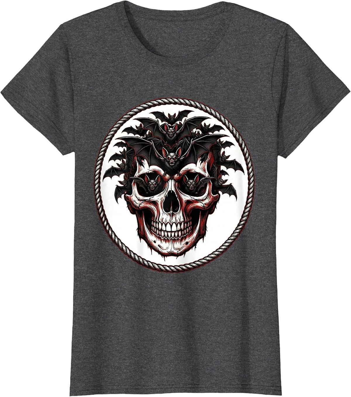 Women's Bat Swarm Skull Heavy Metal Graphic T-Shirt - Dark Heather Grey