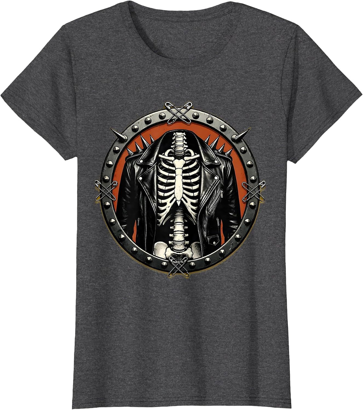 Women's Punk Skeleton Spiked Leather Jacket Graphic T-Shirt - Dark Heather Grey