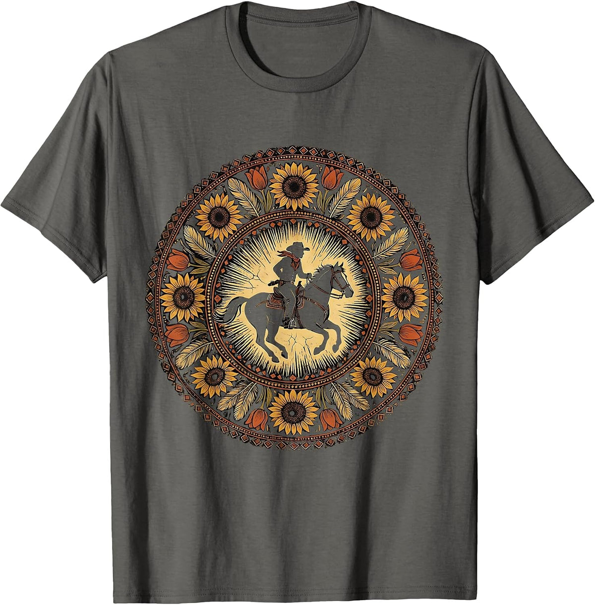 Cowgirl Silhouette Riding Horse at Dusk T-Shirt - Asphalt Grey