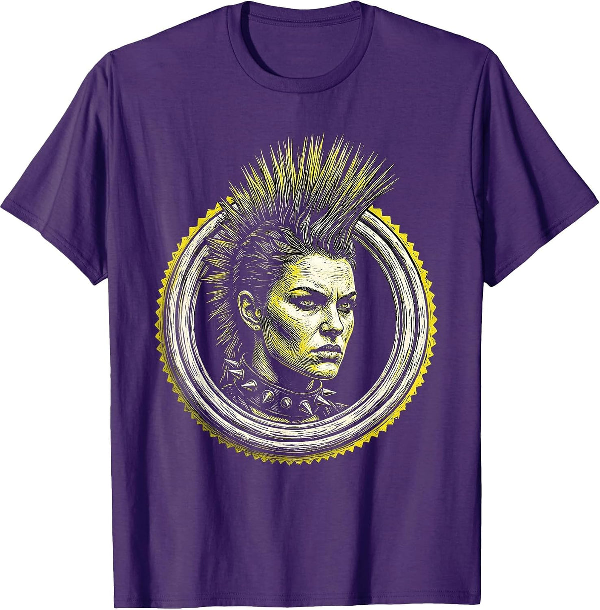 Rockstar Mohawk Studded Collar Punk Art Design T-Shirt - Purple