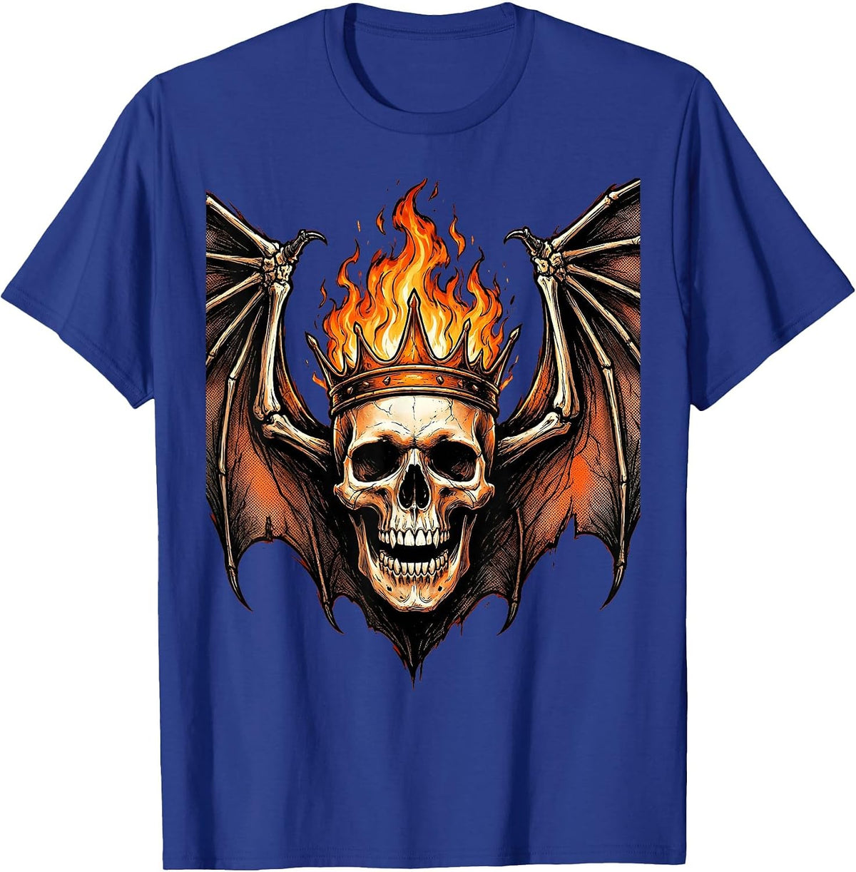 Flaming Skull Bat Wings Dark Gothic Design T-Shirt - Royal Blue