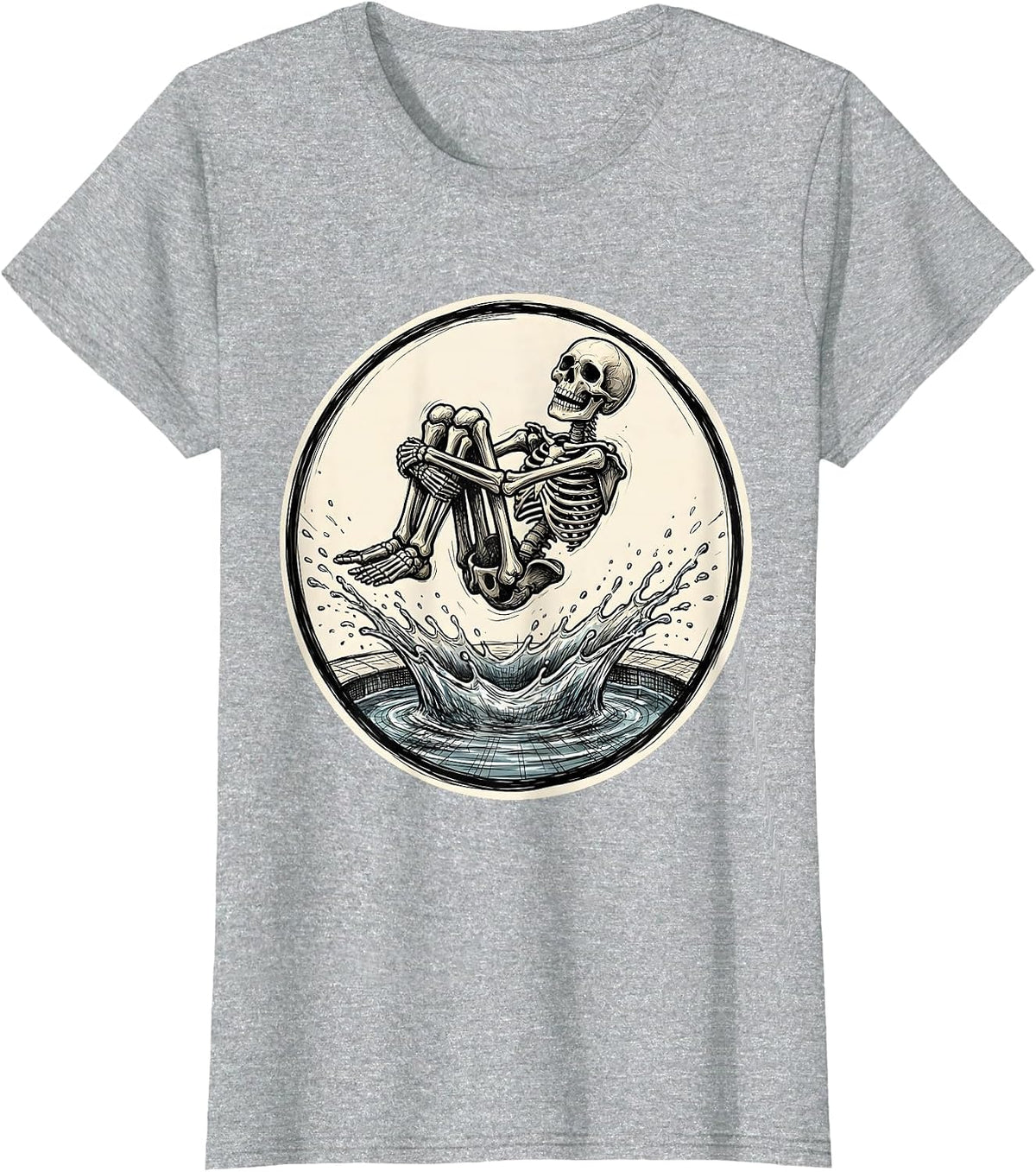 Skeleton Cannonball Swimming Pool Dive T-Shirt - Heather Grey