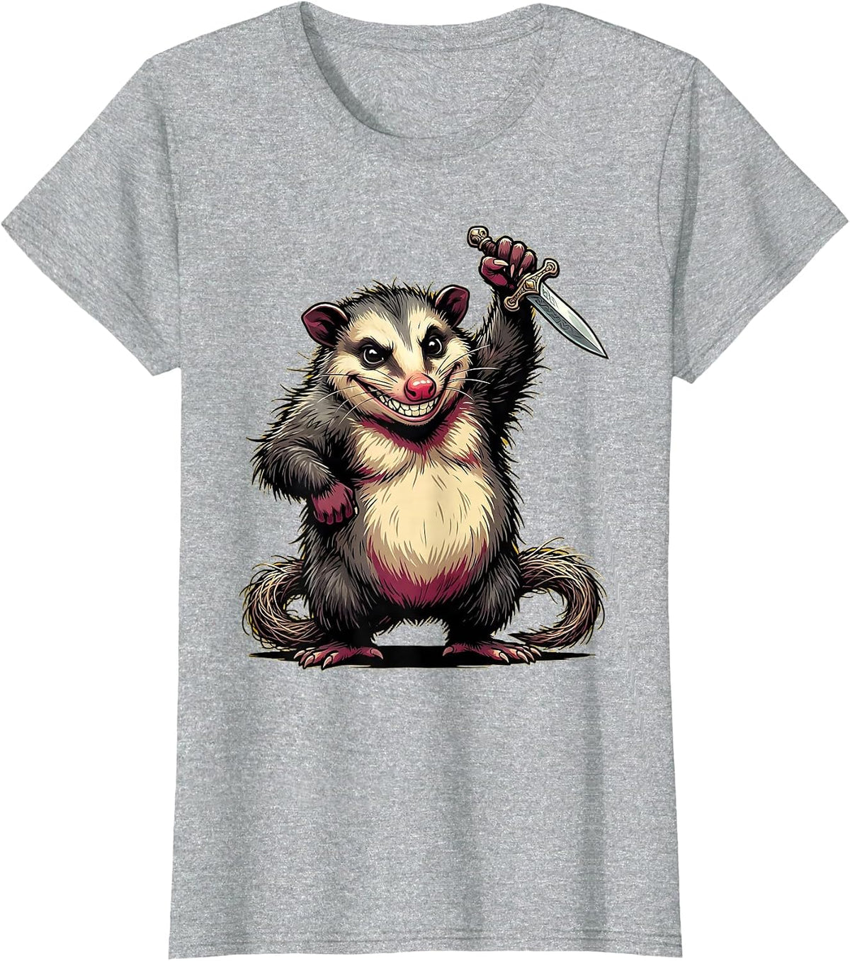 Women's Opossum Holding a Tiny Dagger Illustration T-Shirt - Heather Grey