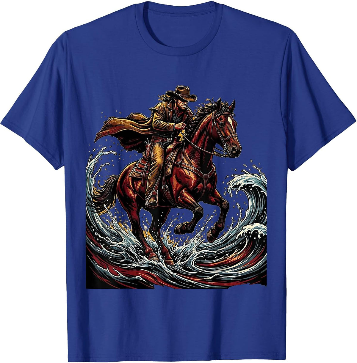 Cowboy Riding Hard Through River Splash T-Shirt - Royal Blue